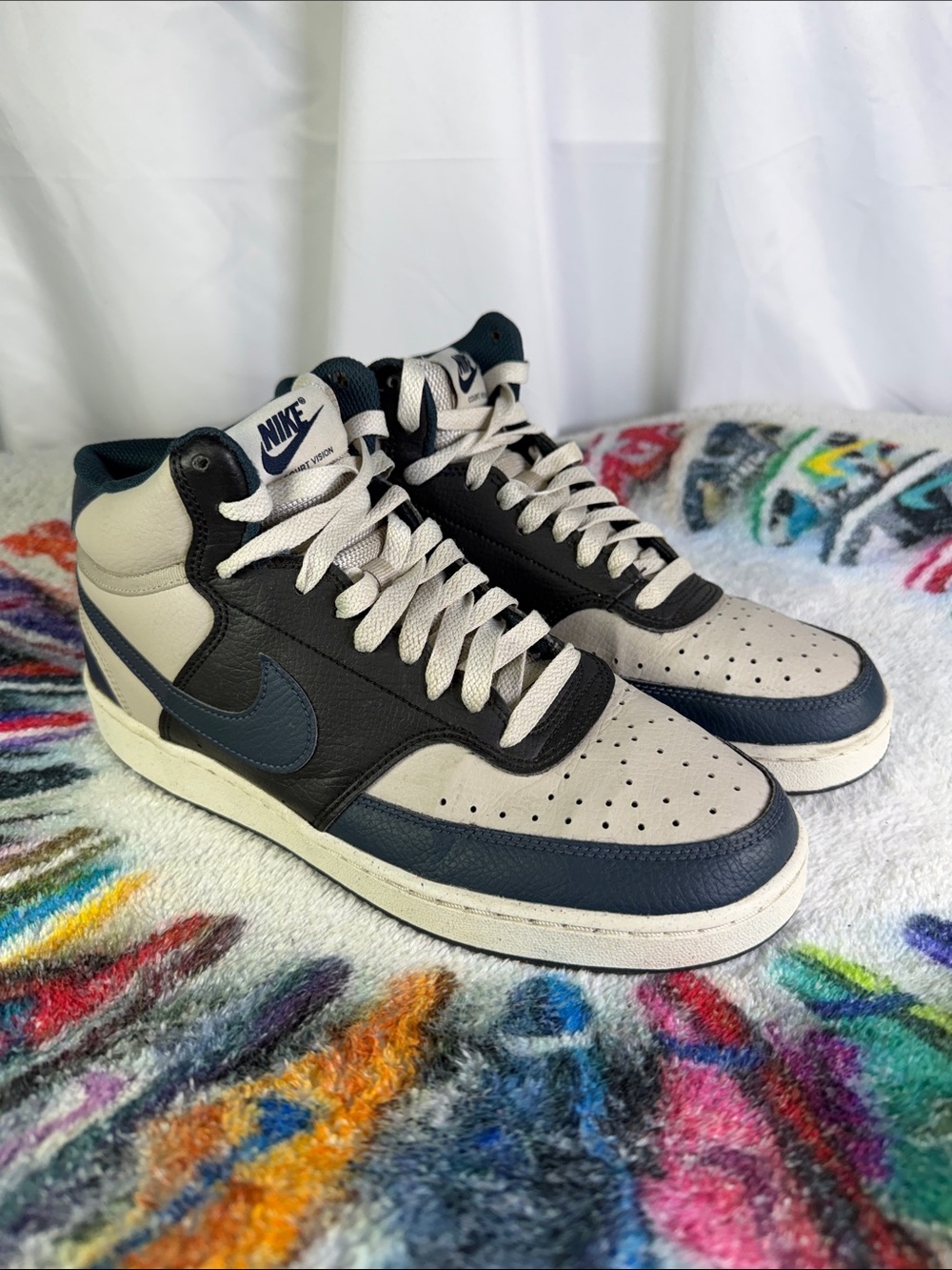 Nike Court Vision Men’s High-Top Sneakers in Navy, Black, and Cream